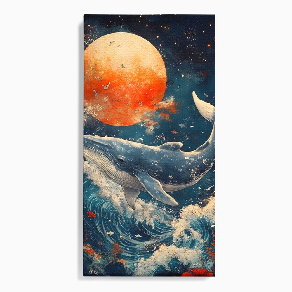 Leinwand Wandkunst Canvas Premium, LuxCanva® M1427, Ozean Epic, Wal, Mond, Wellen, Ozean, Nacht, Sterne, Abgrund, Blumen, Vögel, Fische, Wasser, Büro, Wohnen, Kinderzimmer