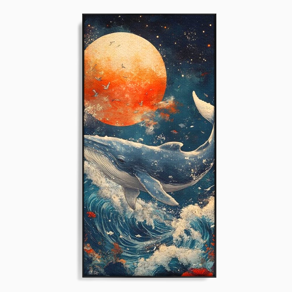 Leinwand Wandkunst Canvas Premium, LuxCanva® M1427, Ozean Epic, Wal, Mond, Wellen, Ozean, Nacht, Sterne, Abgrund, Blumen, Vögel, Fische, Wasser, Büro, Wohnen, Kinderzimmer
