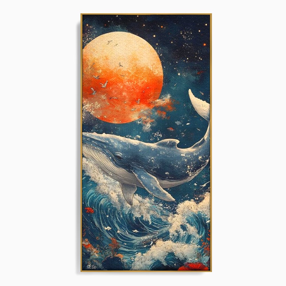 Leinwand Wandkunst Canvas Premium, LuxCanva® M1427, Ozean Epic, Wal, Mond, Wellen, Ozean, Nacht, Sterne, Abgrund, Blumen, Vögel, Fische, Wasser, Büro, Wohnen, Kinderzimmer