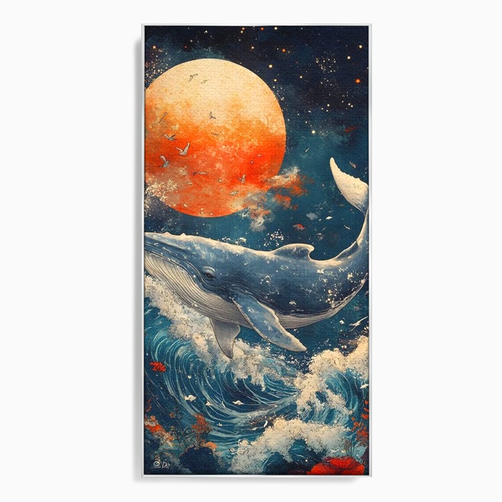Leinwand Wandkunst Canvas Premium, LuxCanva® M1427, Ozean Epic, Wal, Mond, Wellen, Ozean, Nacht, Sterne, Abgrund, Blumen, Vögel, Fische, Wasser, Büro, Wohnen, Kinderzimmer