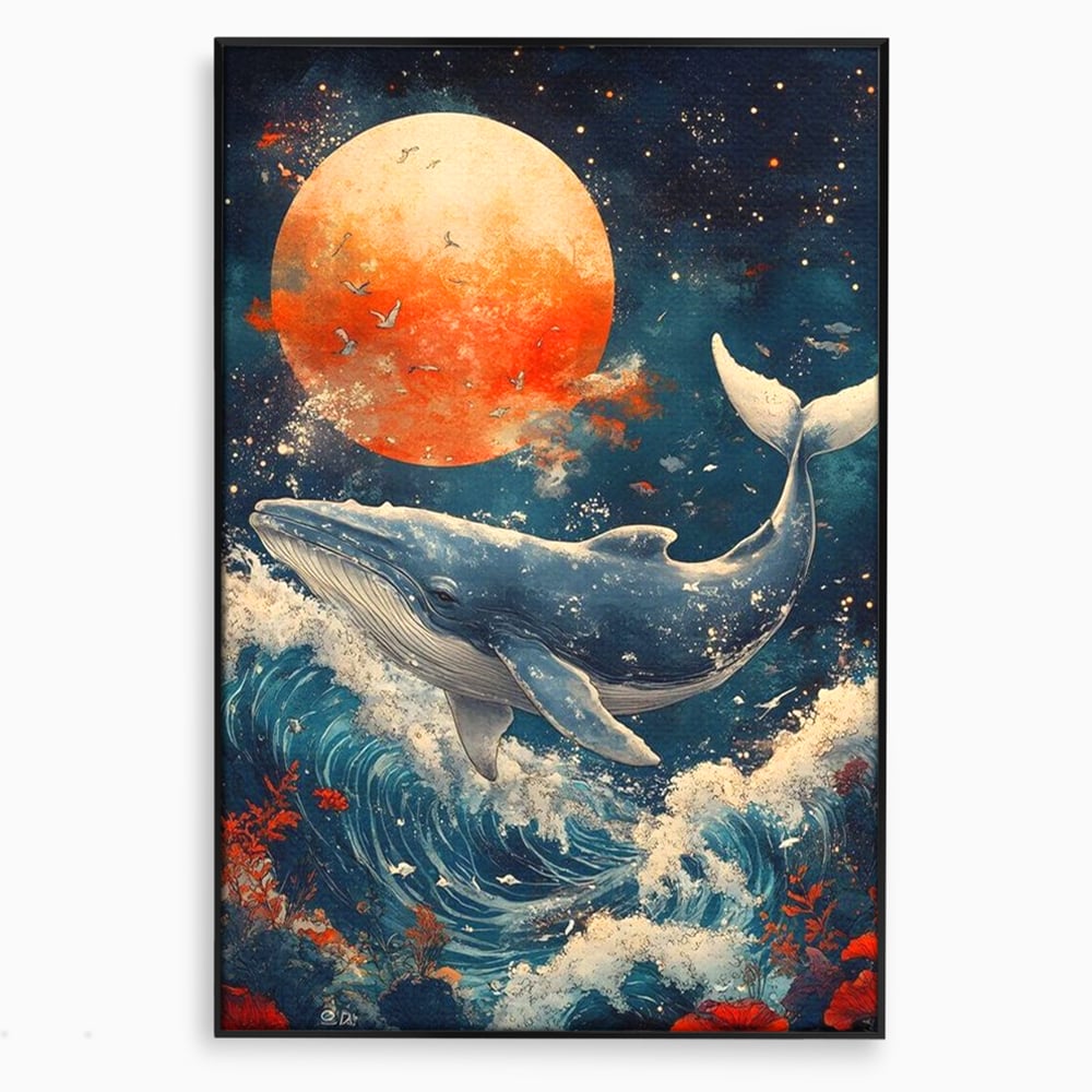 Leinwand Wandkunst Canvas Premium, LuxCanva® M1427, Ozean Epic, Wal, Mond, Wellen, Ozean, Nacht, Sterne, Abgrund, Blumen, Vögel, Fische, Wasser, Büro, Wohnen, Kinderzimmer