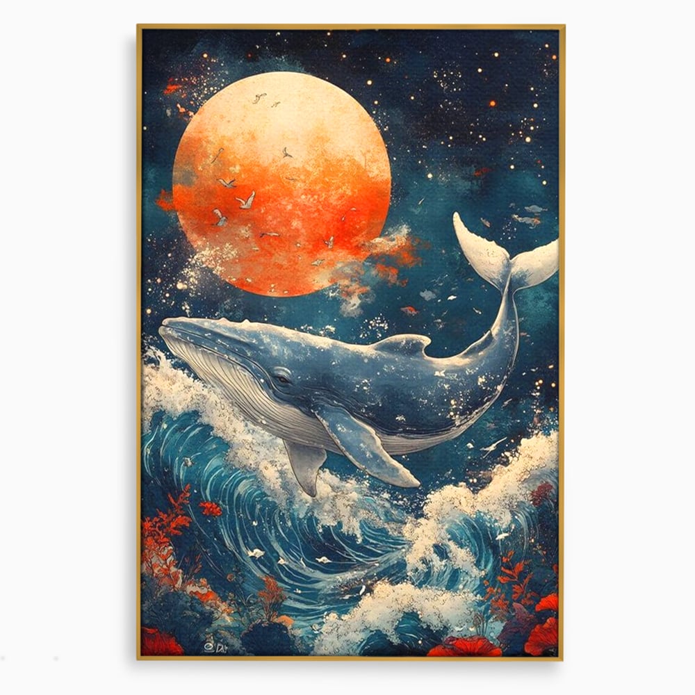 Leinwand Wandkunst Canvas Premium, LuxCanva® M1427, Ozean Epic, Wal, Mond, Wellen, Ozean, Nacht, Sterne, Abgrund, Blumen, Vögel, Fische, Wasser, Büro, Wohnen, Kinderzimmer