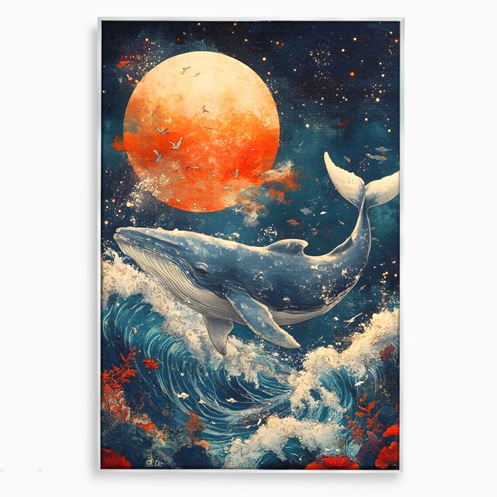 Leinwand Wandkunst Canvas Premium, LuxCanva® M1427, Ozean Epic, Wal, Mond, Wellen, Ozean, Nacht, Sterne, Abgrund, Blumen, Vögel, Fische, Wasser, Büro, Wohnen, Kinderzimmer