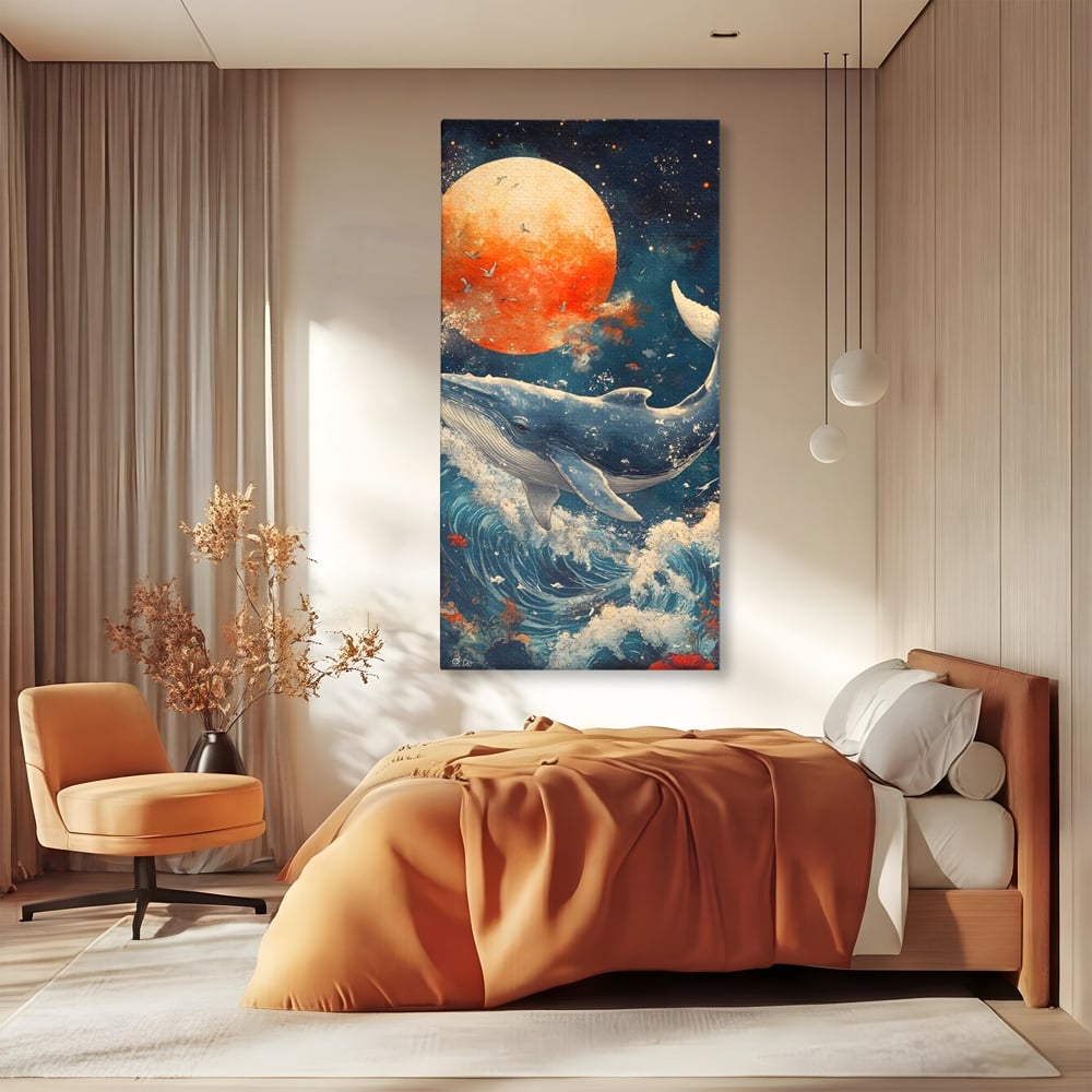 Leinwand Wandkunst Canvas Premium, LuxCanva® M1427, Ozean Epic, Wal, Mond, Wellen, Ozean, Nacht, Sterne, Abgrund, Blumen, Vögel, Fische, Wasser, Büro, Wohnen, Kinderzimmer