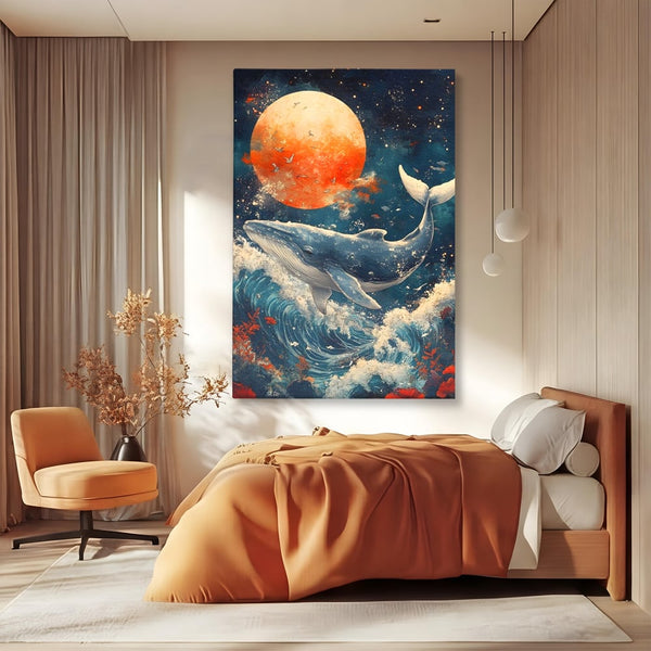 Leinwand Wandkunst Canvas Premium, LuxCanva® M1427, Ozean Epic, Wal, Mond, Wellen, Ozean, Nacht, Sterne, Abgrund, Blumen, Vögel, Fische, Wasser, Büro, Wohnen, Kinderzimmer