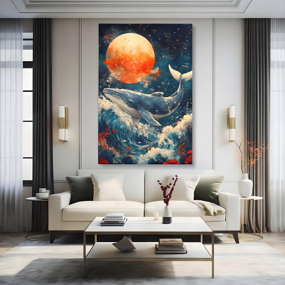 Leinwand Wandkunst Canvas Premium, LuxCanva® M1427, Ozean Epic, Wal, Mond, Wellen, Ozean, Nacht, Sterne, Abgrund, Blumen, Vögel, Fische, Wasser, Büro, Wohnen, Kinderzimmer