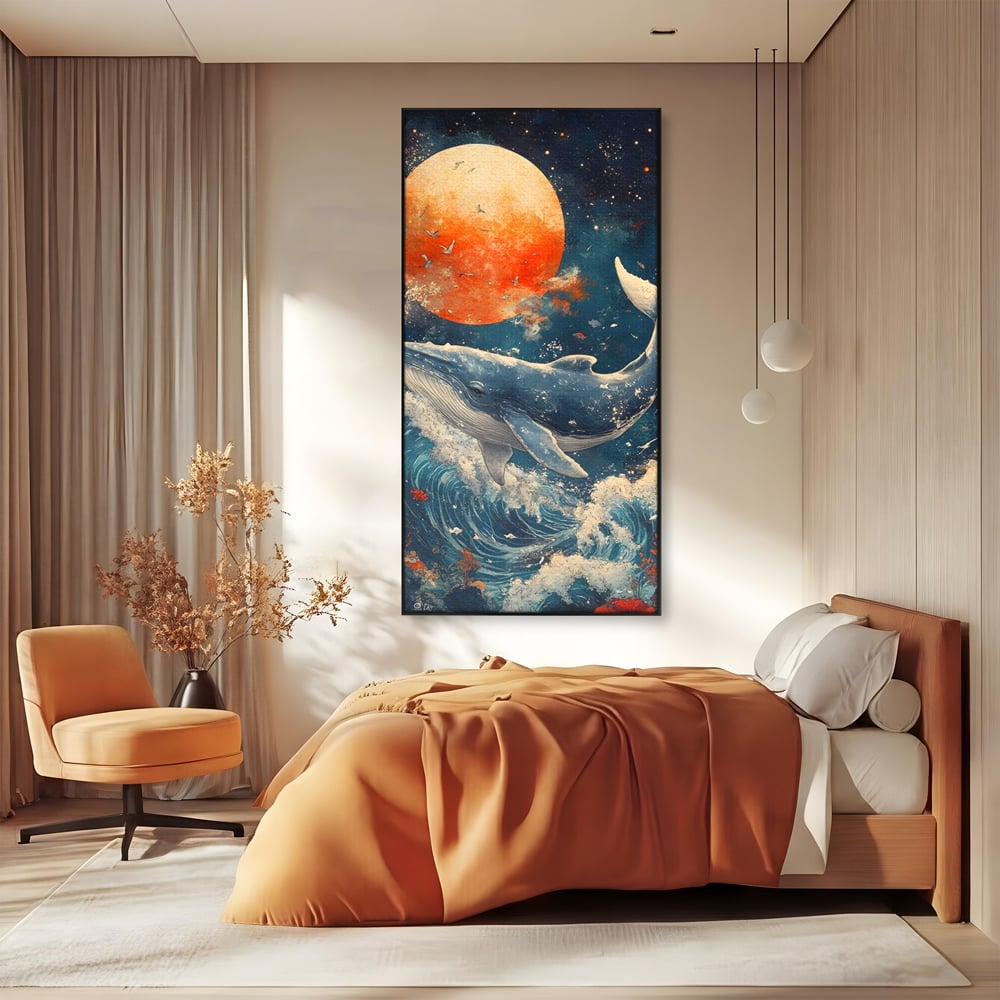 Leinwand Wandkunst Canvas Premium, LuxCanva® M1427, Ozean Epic, Wal, Mond, Wellen, Ozean, Nacht, Sterne, Abgrund, Blumen, Vögel, Fische, Wasser, Büro, Wohnen, Kinderzimmer