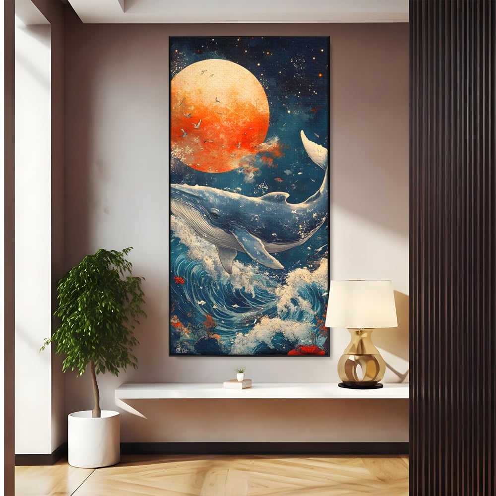 Leinwand Wandkunst Canvas Premium, LuxCanva® M1427, Ozean Epic, Wal, Mond, Wellen, Ozean, Nacht, Sterne, Abgrund, Blumen, Vögel, Fische, Wasser, Büro, Wohnen, Kinderzimmer