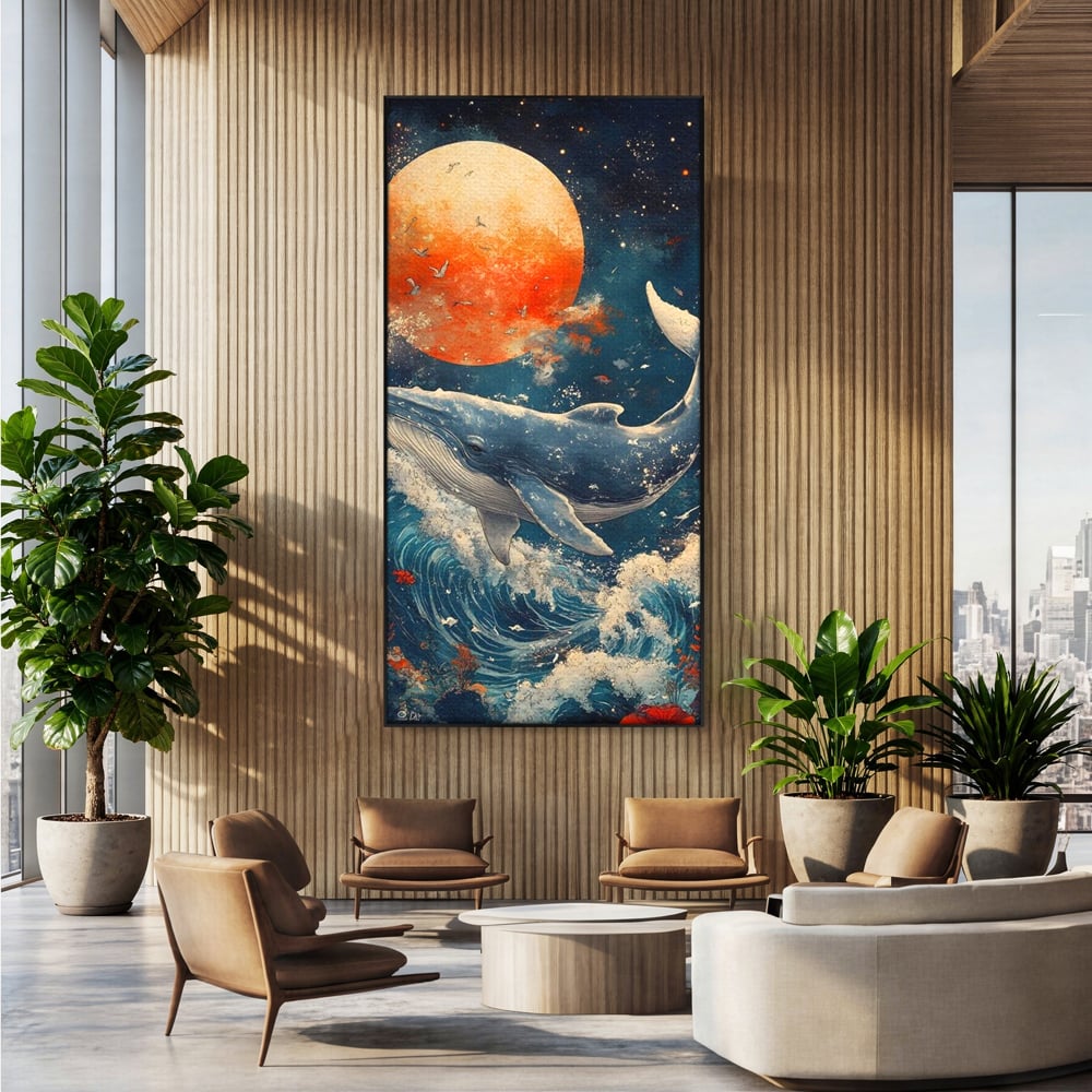 Leinwand Wandkunst Canvas Premium, LuxCanva® M1427, Ozean Epic, Wal, Mond, Wellen, Ozean, Nacht, Sterne, Abgrund, Blumen, Vögel, Fische, Wasser, Büro, Wohnen, Kinderzimmer