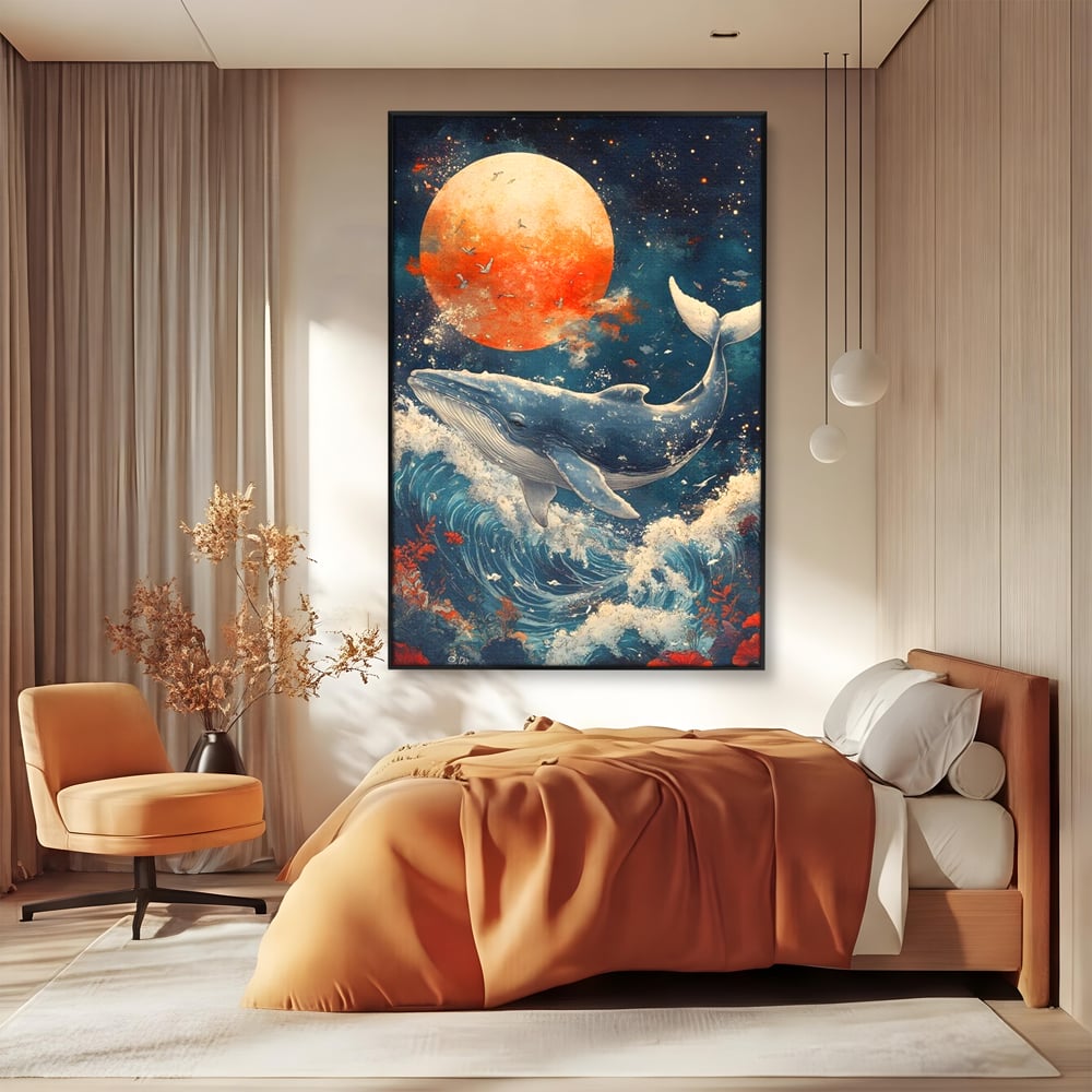 Leinwand Wandkunst Canvas Premium, LuxCanva® M1427, Ozean Epic, Wal, Mond, Wellen, Ozean, Nacht, Sterne, Abgrund, Blumen, Vögel, Fische, Wasser, Büro, Wohnen, Kinderzimmer