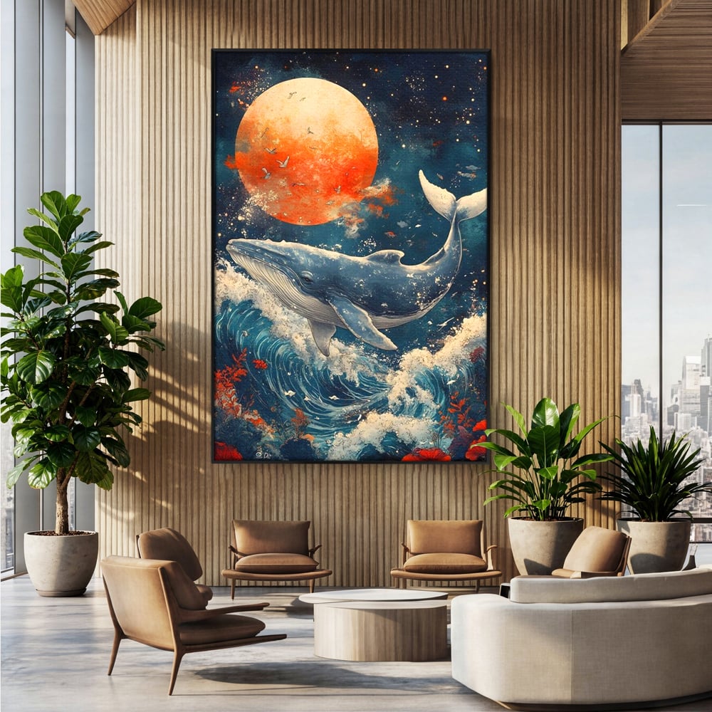 Leinwand Wandkunst Canvas Premium, LuxCanva® M1427, Ozean Epic, Wal, Mond, Wellen, Ozean, Nacht, Sterne, Abgrund, Blumen, Vögel, Fische, Wasser, Büro, Wohnen, Kinderzimmer