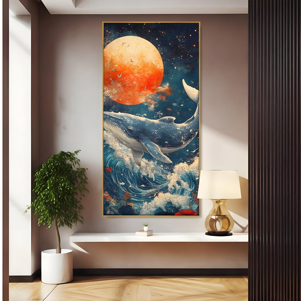 Leinwand Wandkunst Canvas Premium, LuxCanva® M1427, Ozean Epic, Wal, Mond, Wellen, Ozean, Nacht, Sterne, Abgrund, Blumen, Vögel, Fische, Wasser, Büro, Wohnen, Kinderzimmer