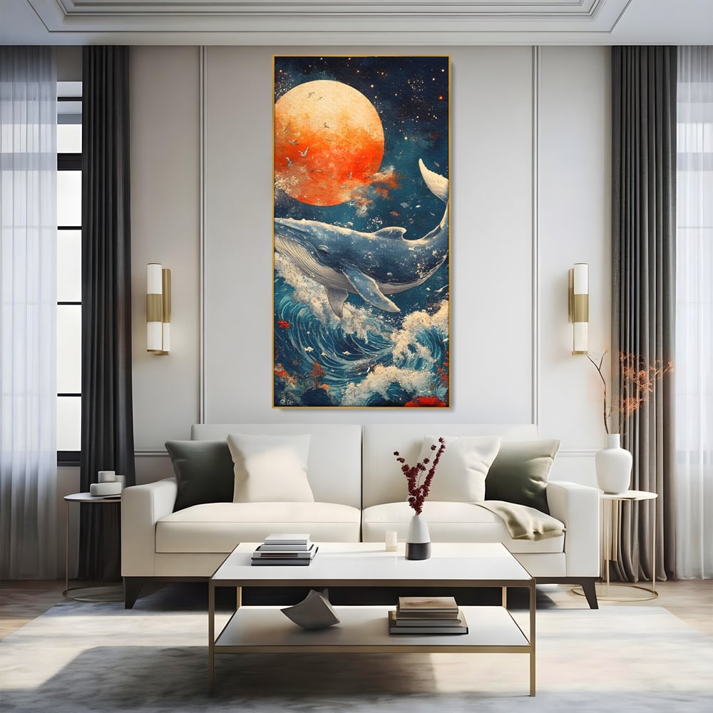 Leinwand Wandkunst Canvas Premium, LuxCanva® M1427, Ozean Epic, Wal, Mond, Wellen, Ozean, Nacht, Sterne, Abgrund, Blumen, Vögel, Fische, Wasser, Büro, Wohnen, Kinderzimmer