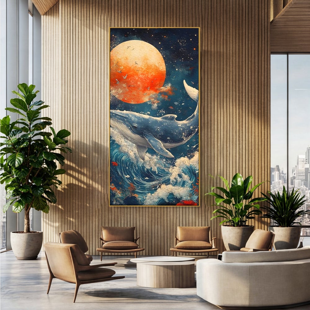 Leinwand Wandkunst Canvas Premium, LuxCanva® M1427, Ozean Epic, Wal, Mond, Wellen, Ozean, Nacht, Sterne, Abgrund, Blumen, Vögel, Fische, Wasser, Büro, Wohnen, Kinderzimmer