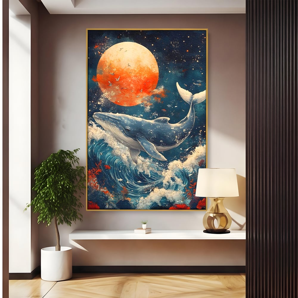 Leinwand Wandkunst Canvas Premium, LuxCanva® M1427, Ozean Epic, Wal, Mond, Wellen, Ozean, Nacht, Sterne, Abgrund, Blumen, Vögel, Fische, Wasser, Büro, Wohnen, Kinderzimmer