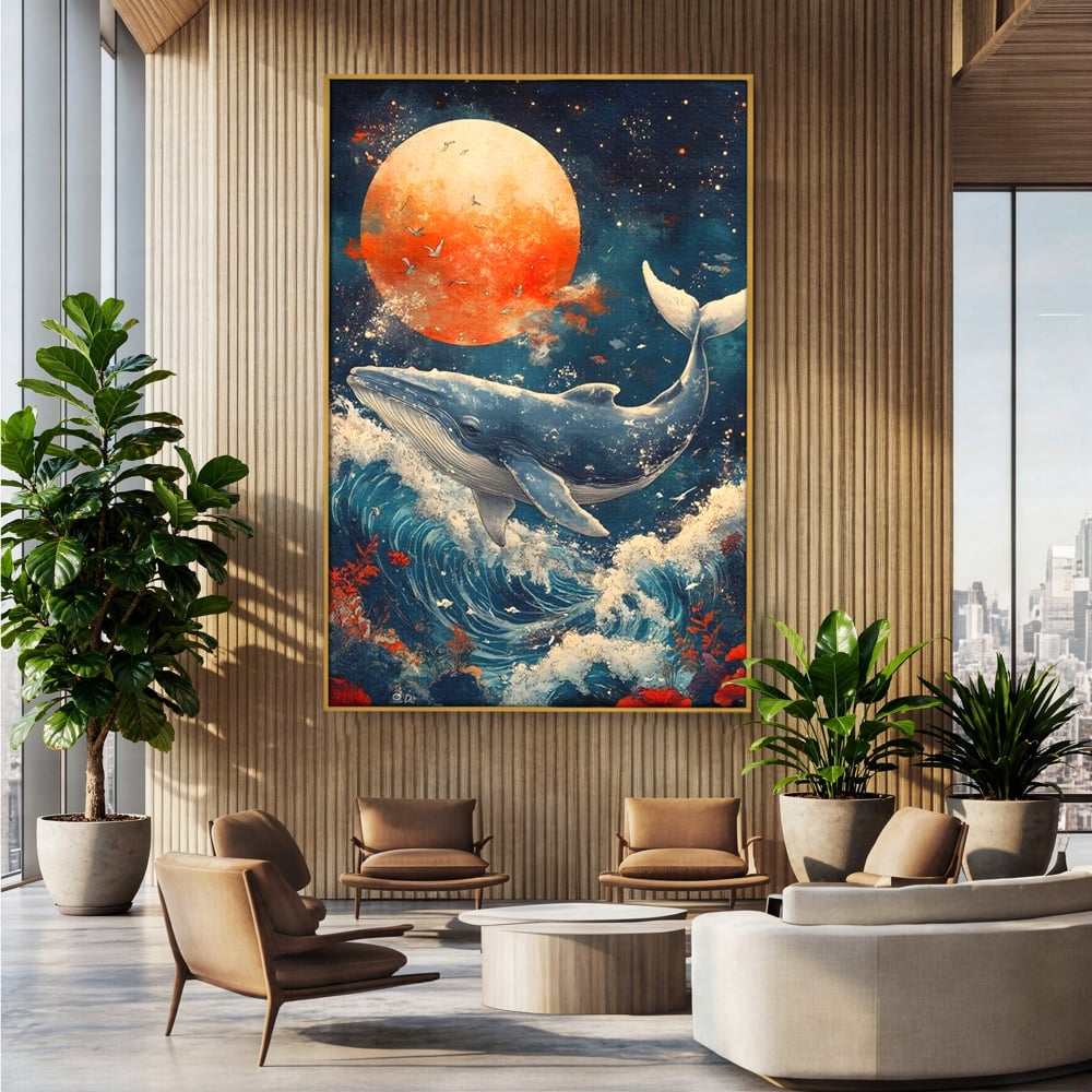 Leinwand Wandkunst Canvas Premium, LuxCanva® M1427, Ozean Epic, Wal, Mond, Wellen, Ozean, Nacht, Sterne, Abgrund, Blumen, Vögel, Fische, Wasser, Büro, Wohnen, Kinderzimmer