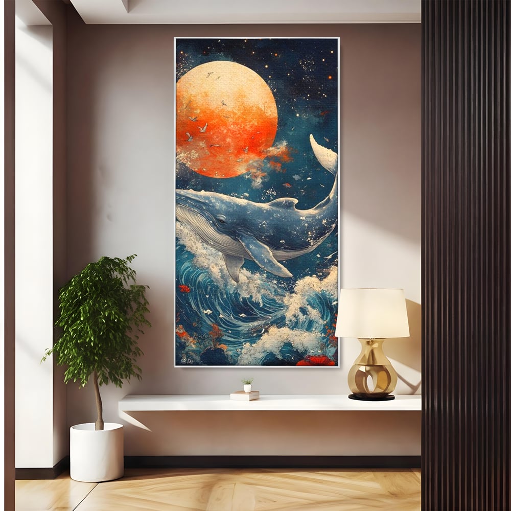 Leinwand Wandkunst Canvas Premium, LuxCanva® M1427, Ozean Epic, Wal, Mond, Wellen, Ozean, Nacht, Sterne, Abgrund, Blumen, Vögel, Fische, Wasser, Büro, Wohnen, Kinderzimmer