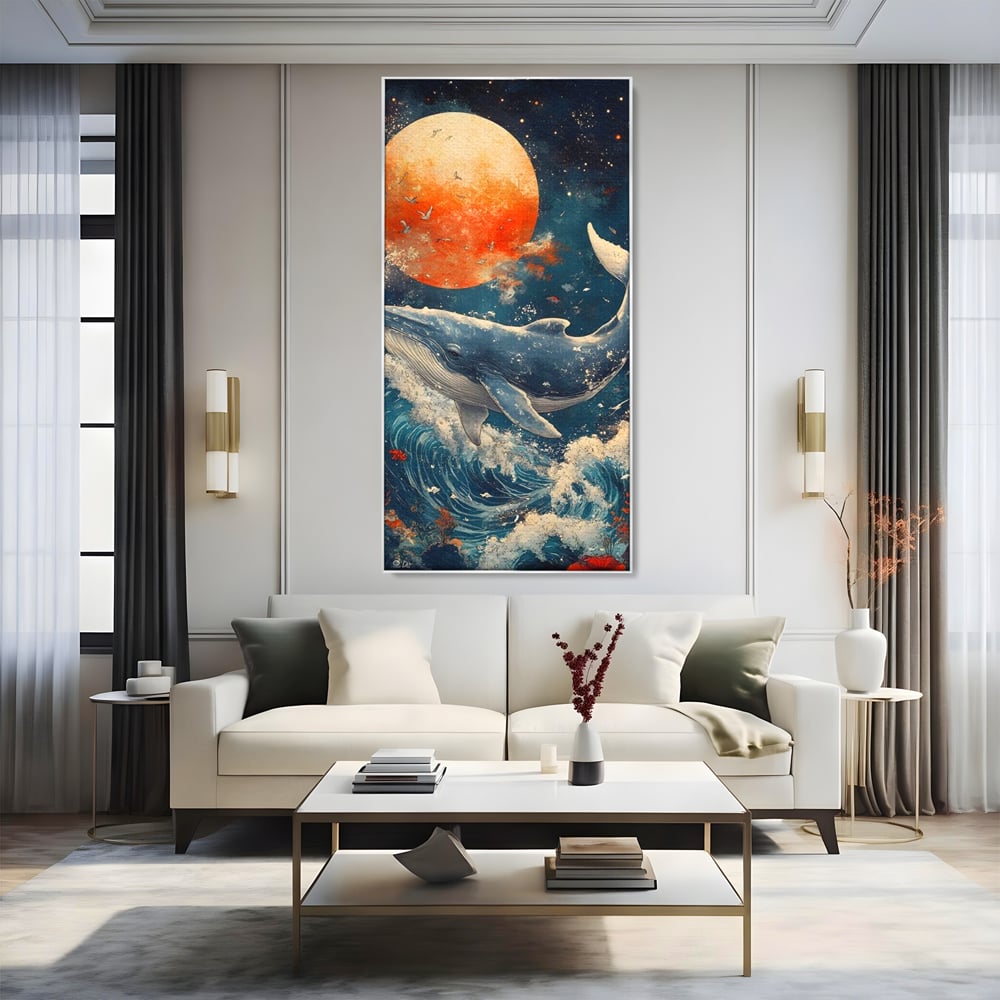 Leinwand Wandkunst Canvas Premium, LuxCanva® M1427, Ozean Epic, Wal, Mond, Wellen, Ozean, Nacht, Sterne, Abgrund, Blumen, Vögel, Fische, Wasser, Büro, Wohnen, Kinderzimmer