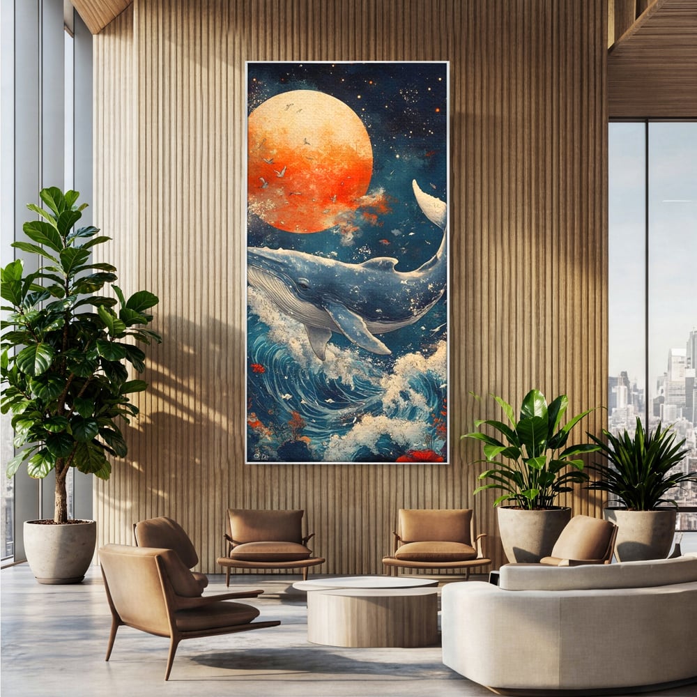 Leinwand Wandkunst Canvas Premium, LuxCanva® M1427, Ozean Epic, Wal, Mond, Wellen, Ozean, Nacht, Sterne, Abgrund, Blumen, Vögel, Fische, Wasser, Büro, Wohnen, Kinderzimmer