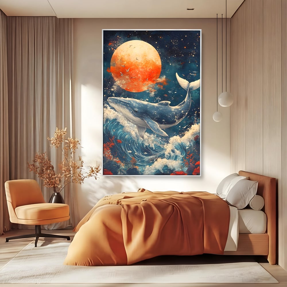 Leinwand Wandkunst Canvas Premium, LuxCanva® M1427, Ozean Epic, Wal, Mond, Wellen, Ozean, Nacht, Sterne, Abgrund, Blumen, Vögel, Fische, Wasser, Büro, Wohnen, Kinderzimmer