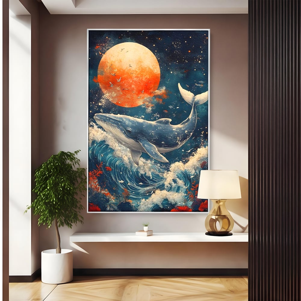 Leinwand Wandkunst Canvas Premium, LuxCanva® M1427, Ozean Epic, Wal, Mond, Wellen, Ozean, Nacht, Sterne, Abgrund, Blumen, Vögel, Fische, Wasser, Büro, Wohnen, Kinderzimmer