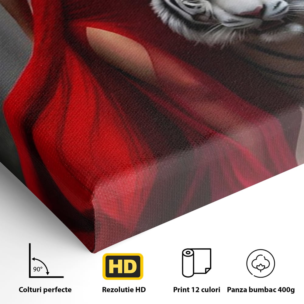 Leinwand Wandkunst Canvas Premium, LuxCanva® M1428, Tierbändiger, Tiger, Frau, Kleid, Verführung, Leidenschaft, Wild, Wald, Feline, Tier, Büro, Wohnen, Kinderzimmer