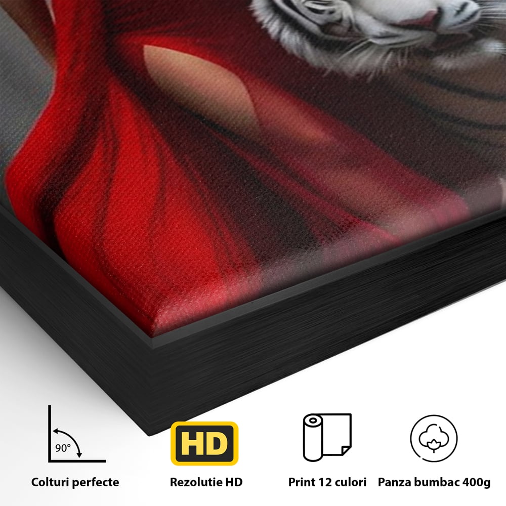 Leinwand Wandkunst Canvas Premium, LuxCanva® M1428, Tierbändiger, Tiger, Frau, Kleid, Verführung, Leidenschaft, Wild, Wald, Feline, Tier, Büro, Wohnen, Kinderzimmer