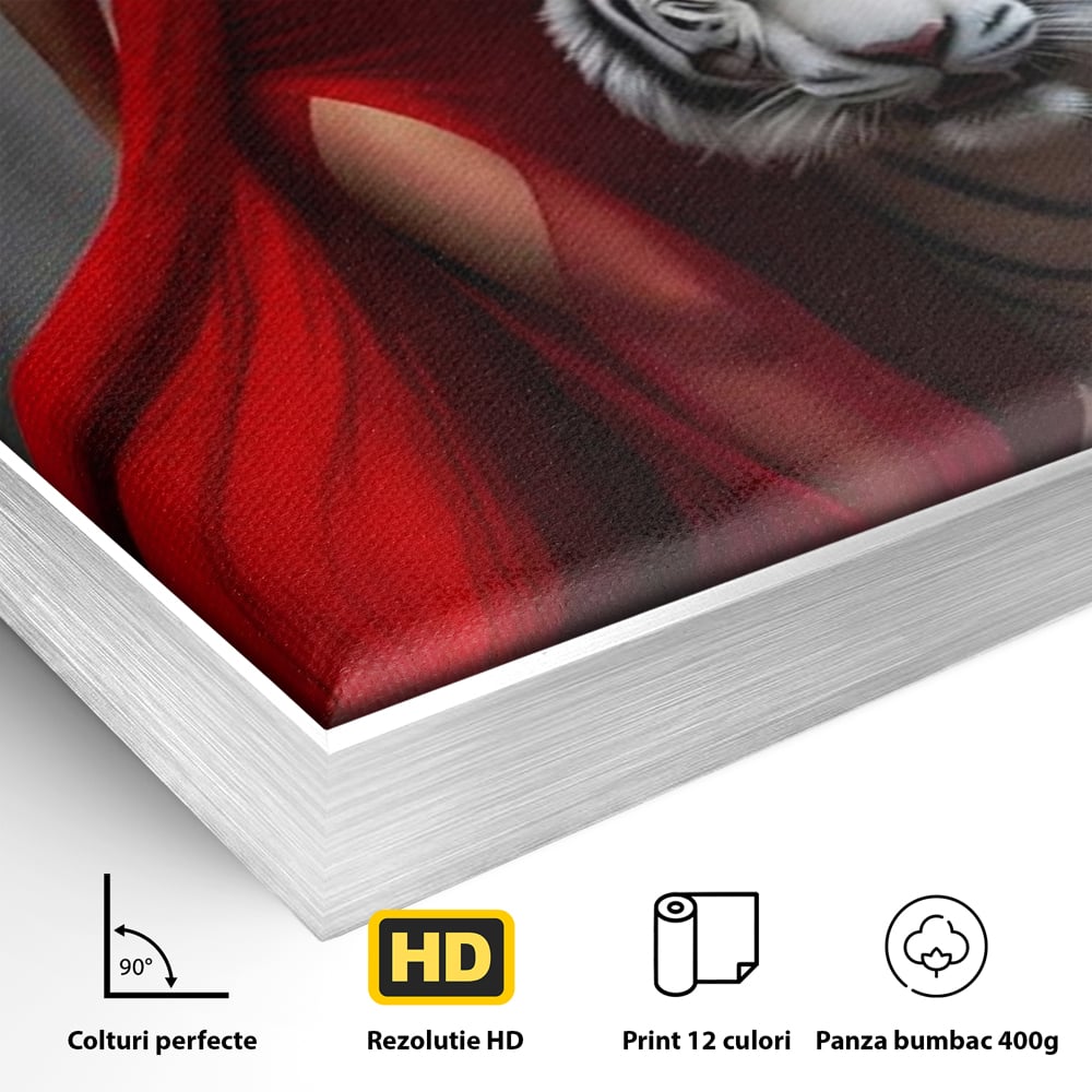 Leinwand Wandkunst Canvas Premium, LuxCanva® M1428, Tierbändiger, Tiger, Frau, Kleid, Verführung, Leidenschaft, Wild, Wald, Feline, Tier, Büro, Wohnen, Kinderzimmer