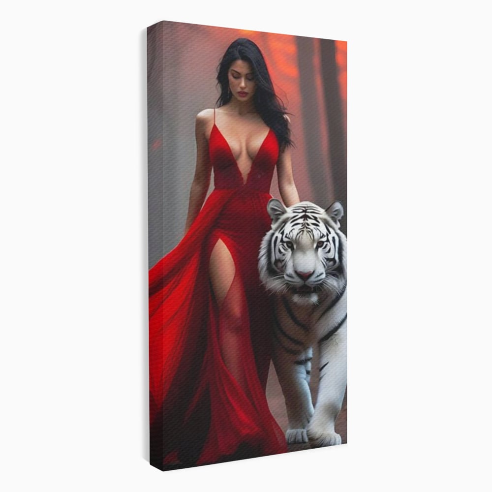 Leinwand Wandkunst Canvas Premium, LuxCanva® M1428, Tierbändiger, Tiger, Frau, Kleid, Verführung, Leidenschaft, Wild, Wald, Feline, Tier, Büro, Wohnen, Kinderzimmer