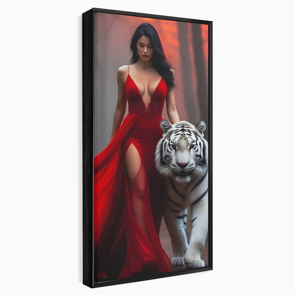 Leinwand Wandkunst Canvas Premium, LuxCanva® M1428, Tierbändiger, Tiger, Frau, Kleid, Verführung, Leidenschaft, Wild, Wald, Feline, Tier, Büro, Wohnen, Kinderzimmer