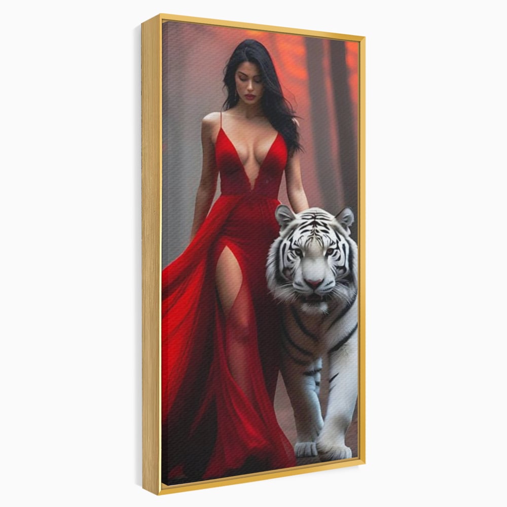 Leinwand Wandkunst Canvas Premium, LuxCanva® M1428, Tierbändiger, Tiger, Frau, Kleid, Verführung, Leidenschaft, Wild, Wald, Feline, Tier, Büro, Wohnen, Kinderzimmer
