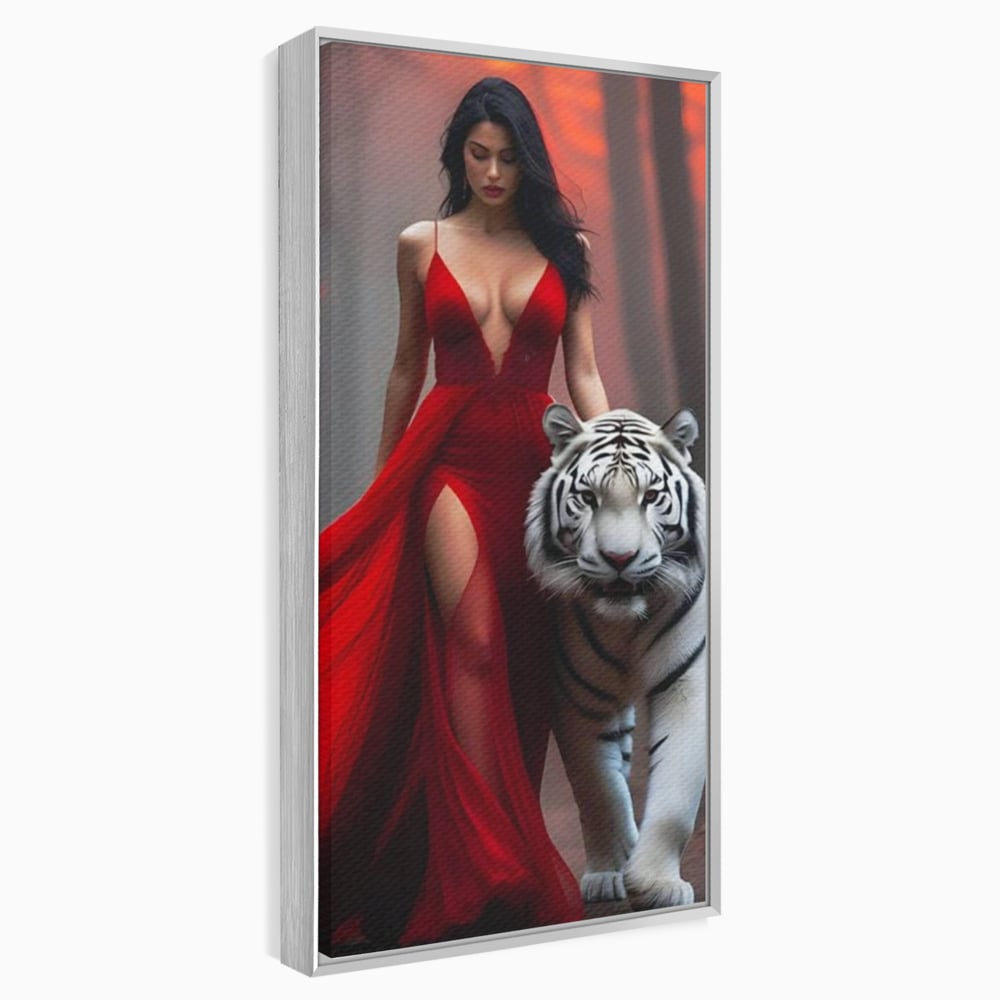 Leinwand Wandkunst Canvas Premium, LuxCanva® M1428, Tierbändiger, Tiger, Frau, Kleid, Verführung, Leidenschaft, Wild, Wald, Feline, Tier, Büro, Wohnen, Kinderzimmer