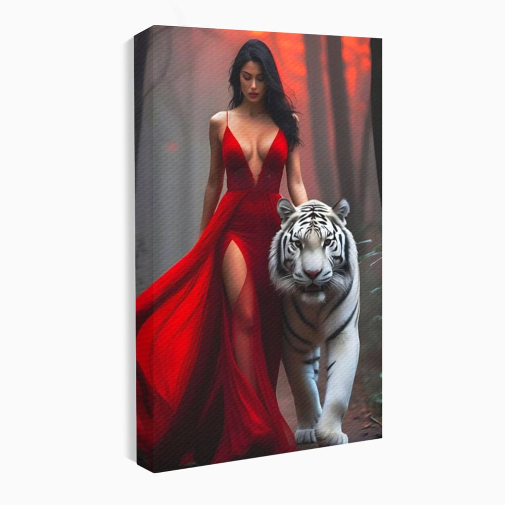 Leinwand Wandkunst Canvas Premium, LuxCanva® M1428, Tierbändiger, Tiger, Frau, Kleid, Verführung, Leidenschaft, Wild, Wald, Feline, Tier, Büro, Wohnen, Kinderzimmer