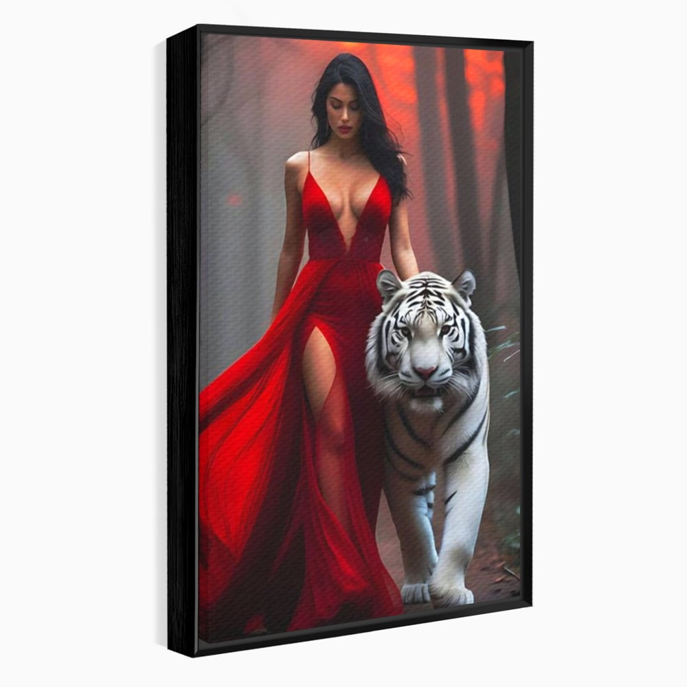 Leinwand Wandkunst Canvas Premium, LuxCanva® M1428, Tierbändiger, Tiger, Frau, Kleid, Verführung, Leidenschaft, Wild, Wald, Feline, Tier, Büro, Wohnen, Kinderzimmer