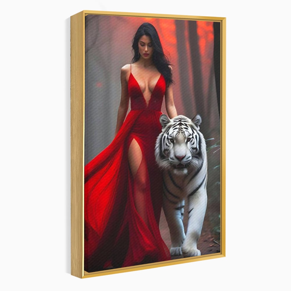 Leinwand Wandkunst Canvas Premium, LuxCanva® M1428, Tierbändiger, Tiger, Frau, Kleid, Verführung, Leidenschaft, Wild, Wald, Feline, Tier, Büro, Wohnen, Kinderzimmer