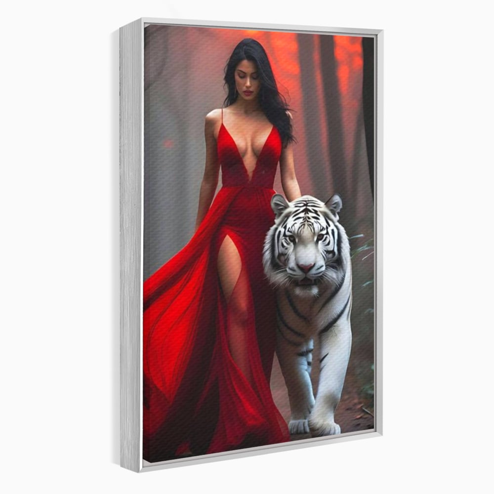 Leinwand Wandkunst Canvas Premium, LuxCanva® M1428, Tierbändiger, Tiger, Frau, Kleid, Verführung, Leidenschaft, Wild, Wald, Feline, Tier, Büro, Wohnen, Kinderzimmer