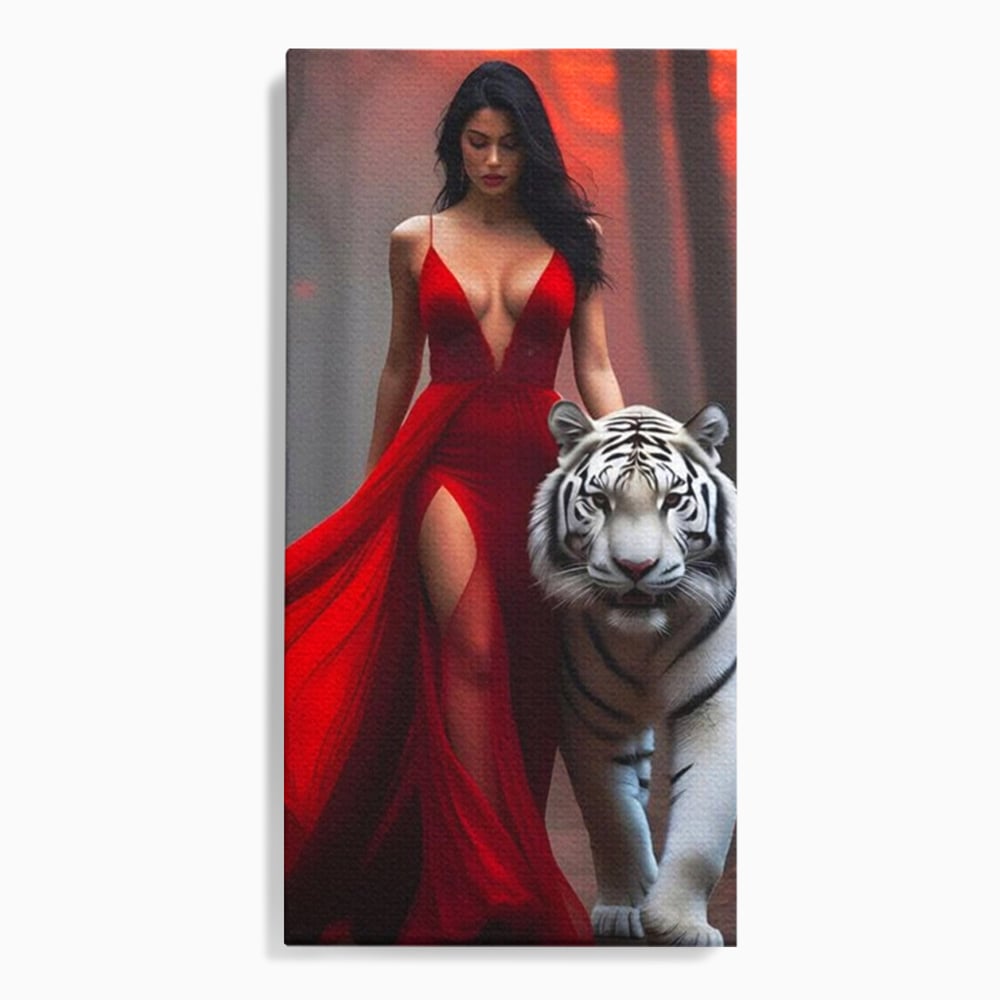 Leinwand Wandkunst Canvas Premium, LuxCanva® M1428, Tierbändiger, Tiger, Frau, Kleid, Verführung, Leidenschaft, Wild, Wald, Feline, Tier, Büro, Wohnen, Kinderzimmer
