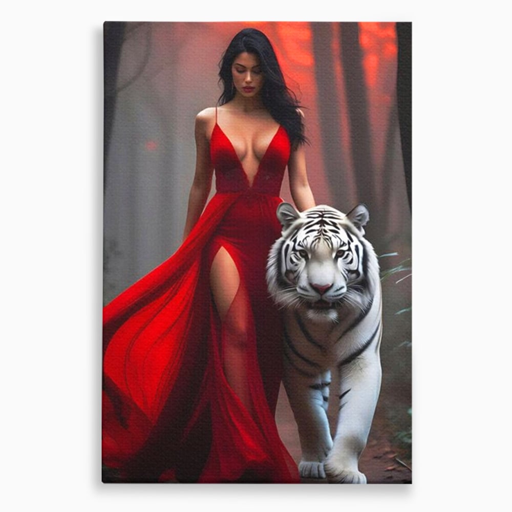 Leinwand Wandkunst Canvas Premium, LuxCanva® M1428, Tierbändiger, Tiger, Frau, Kleid, Verführung, Leidenschaft, Wild, Wald, Feline, Tier, Büro, Wohnen, Kinderzimmer