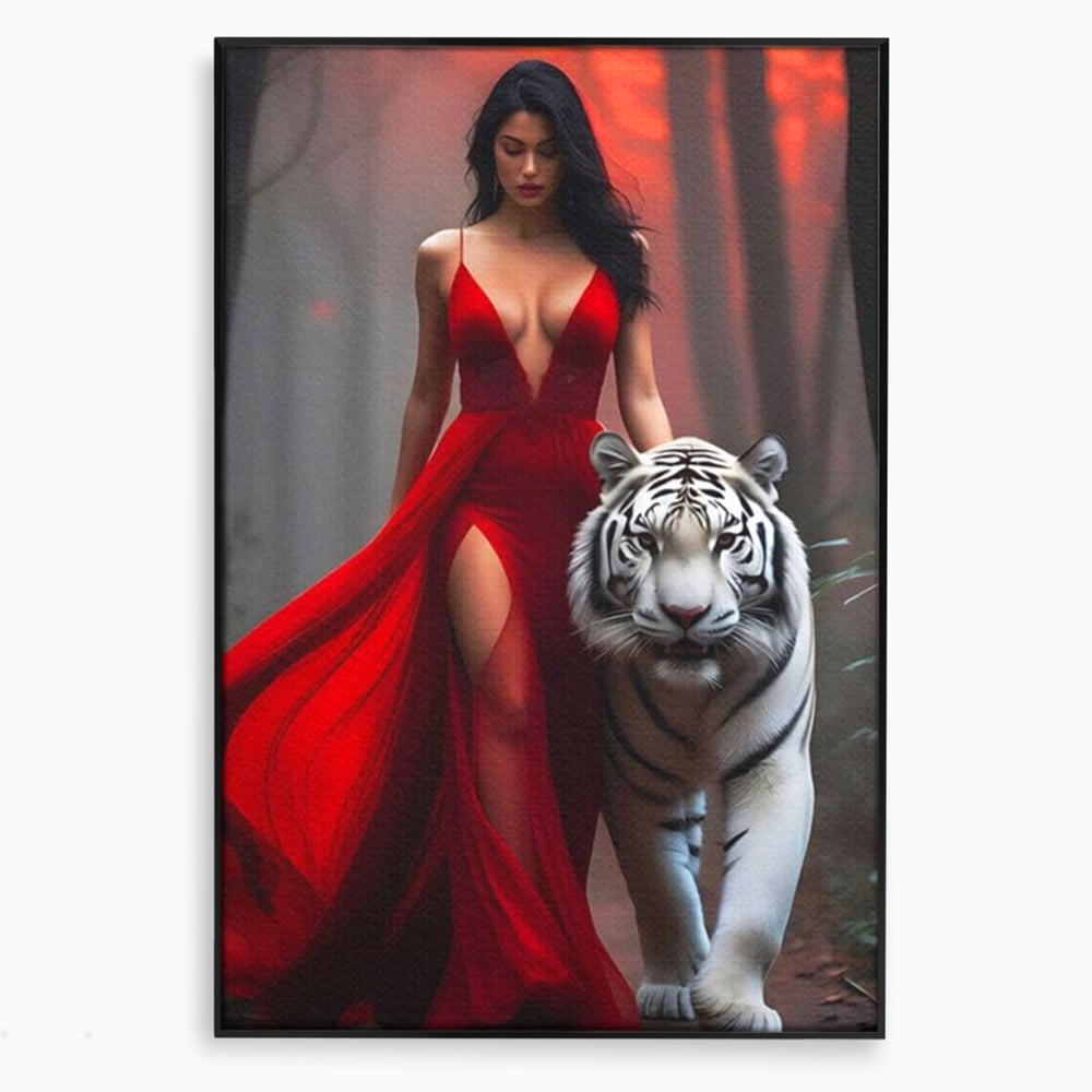 Leinwand Wandkunst Canvas Premium, LuxCanva® M1428, Tierbändiger, Tiger, Frau, Kleid, Verführung, Leidenschaft, Wild, Wald, Feline, Tier, Büro, Wohnen, Kinderzimmer