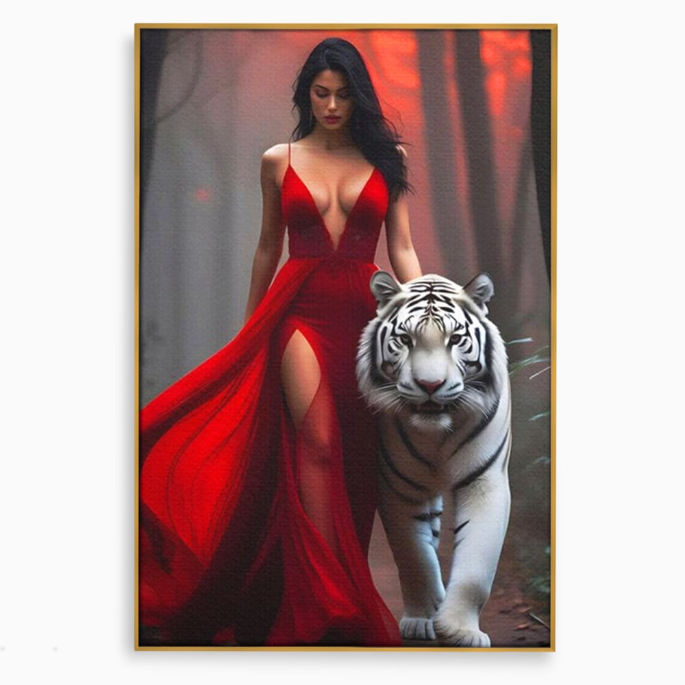 Leinwand Wandkunst Canvas Premium, LuxCanva® M1428, Tierbändiger, Tiger, Frau, Kleid, Verführung, Leidenschaft, Wild, Wald, Feline, Tier, Büro, Wohnen, Kinderzimmer