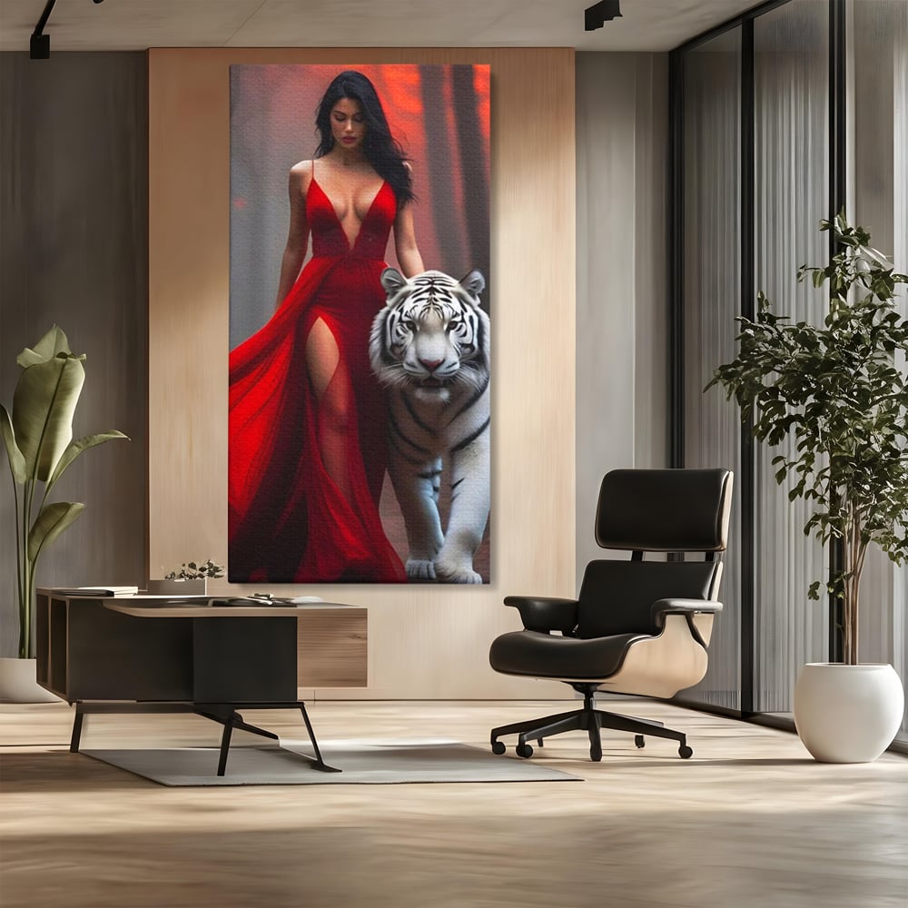 Leinwand Wandkunst Canvas Premium, LuxCanva® M1428, Tierbändiger, Tiger, Frau, Kleid, Verführung, Leidenschaft, Wild, Wald, Feline, Tier, Büro, Wohnen, Kinderzimmer