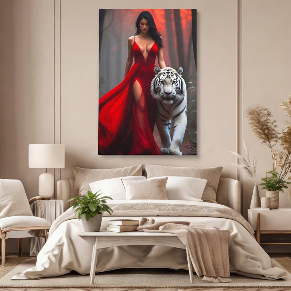 Leinwand Wandkunst Canvas Premium, LuxCanva® M1428, Tierbändiger, Tiger, Frau, Kleid, Verführung, Leidenschaft, Wild, Wald, Feline, Tier, Büro, Wohnen, Kinderzimmer