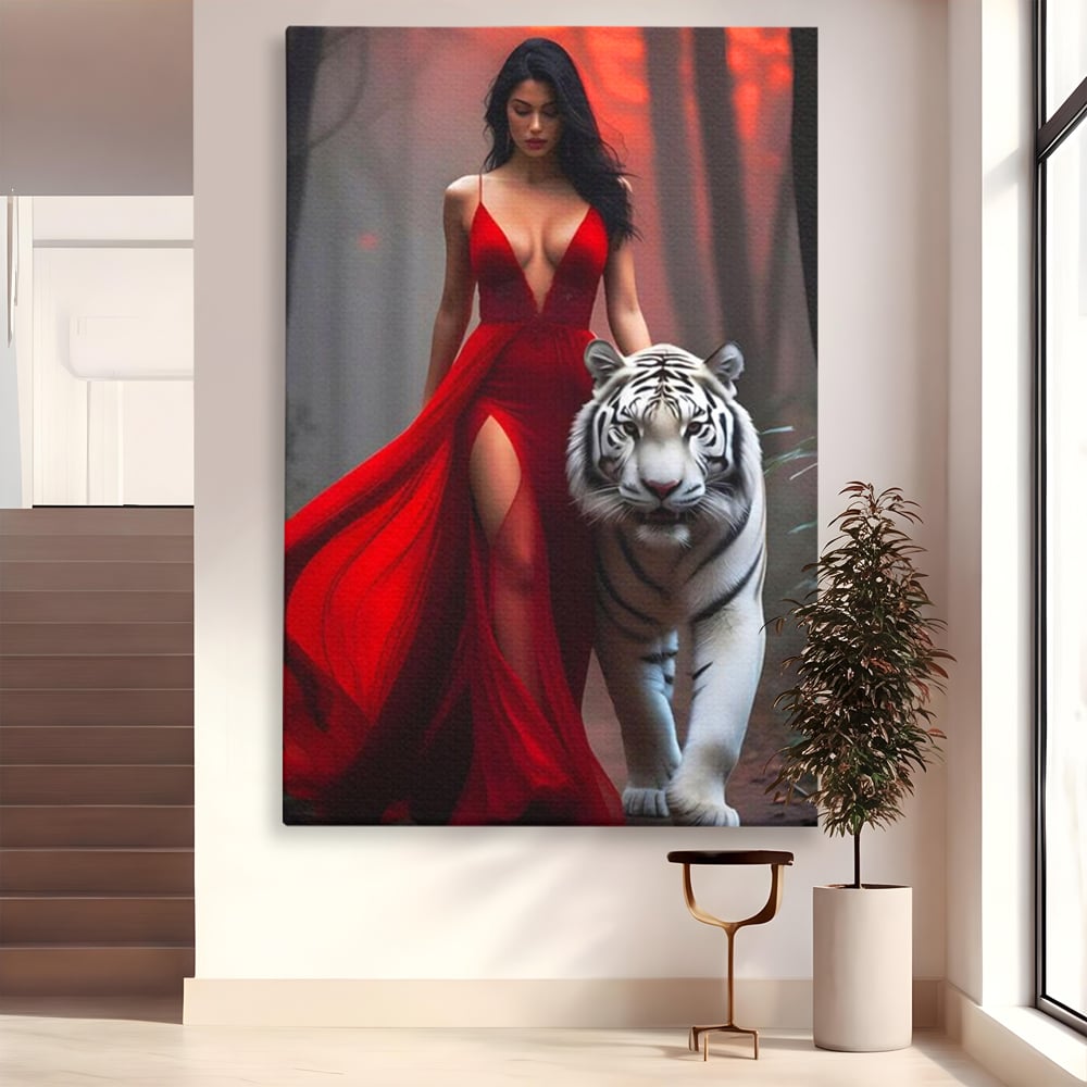 Leinwand Wandkunst Canvas Premium, LuxCanva® M1428, Tierbändiger, Tiger, Frau, Kleid, Verführung, Leidenschaft, Wild, Wald, Feline, Tier, Büro, Wohnen, Kinderzimmer