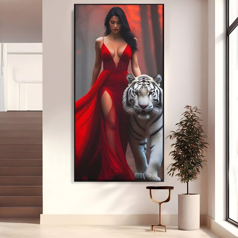 Leinwand Wandkunst Canvas Premium, LuxCanva® M1428, Tierbändiger, Tiger, Frau, Kleid, Verführung, Leidenschaft, Wild, Wald, Feline, Tier, Büro, Wohnen, Kinderzimmer