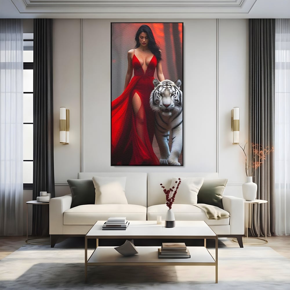 Leinwand Wandkunst Canvas Premium, LuxCanva® M1428, Tierbändiger, Tiger, Frau, Kleid, Verführung, Leidenschaft, Wild, Wald, Feline, Tier, Büro, Wohnen, Kinderzimmer