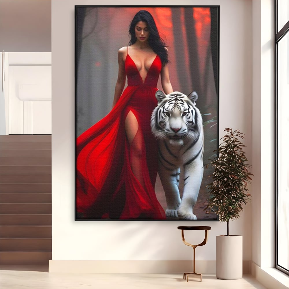 Leinwand Wandkunst Canvas Premium, LuxCanva® M1428, Tierbändiger, Tiger, Frau, Kleid, Verführung, Leidenschaft, Wild, Wald, Feline, Tier, Büro, Wohnen, Kinderzimmer