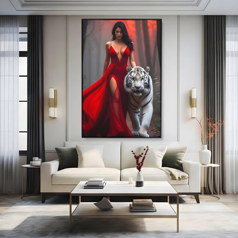 Leinwand Wandkunst Canvas Premium, LuxCanva® M1428, Tierbändiger, Tiger, Frau, Kleid, Verführung, Leidenschaft, Wild, Wald, Feline, Tier, Büro, Wohnen, Kinderzimmer