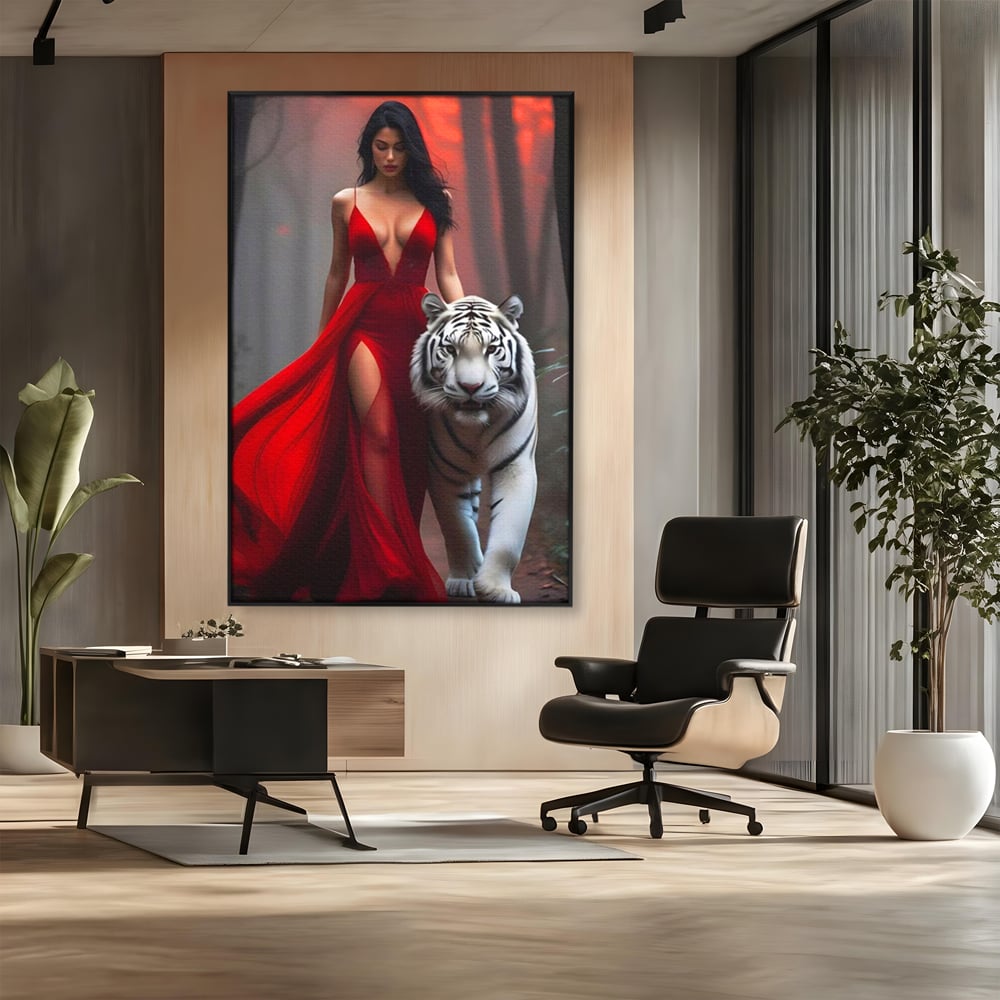Leinwand Wandkunst Canvas Premium, LuxCanva® M1428, Tierbändiger, Tiger, Frau, Kleid, Verführung, Leidenschaft, Wild, Wald, Feline, Tier, Büro, Wohnen, Kinderzimmer