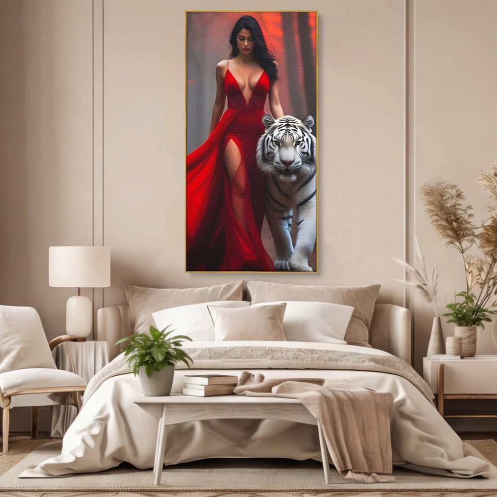 Leinwand Wandkunst Canvas Premium, LuxCanva® M1428, Tierbändiger, Tiger, Frau, Kleid, Verführung, Leidenschaft, Wild, Wald, Feline, Tier, Büro, Wohnen, Kinderzimmer