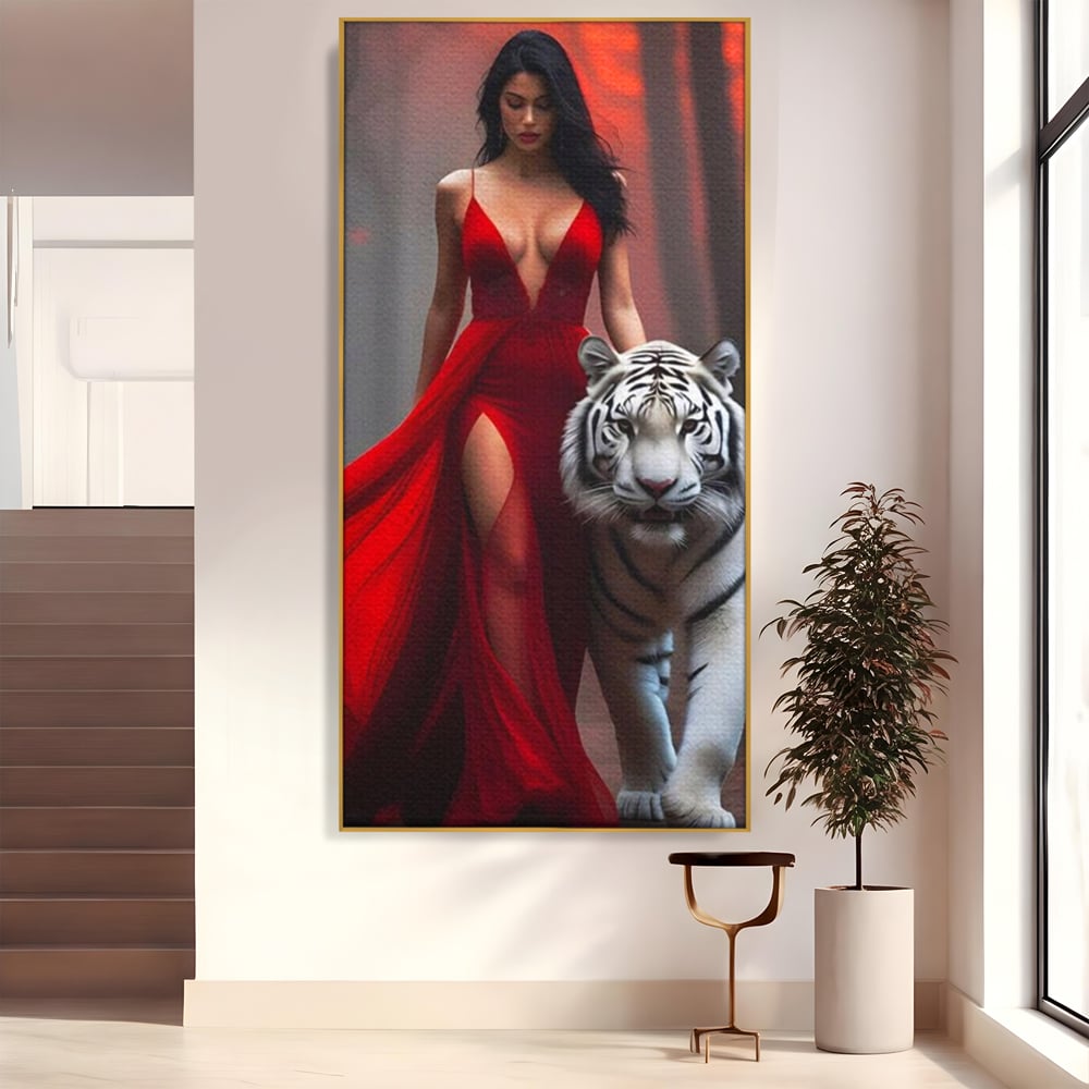 Leinwand Wandkunst Canvas Premium, LuxCanva® M1428, Tierbändiger, Tiger, Frau, Kleid, Verführung, Leidenschaft, Wild, Wald, Feline, Tier, Büro, Wohnen, Kinderzimmer